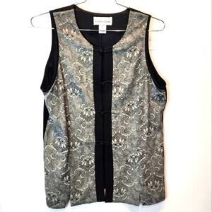Vintage Long Vest Gray Black Asian Detail Sleeveless Vest Top Women's Size L